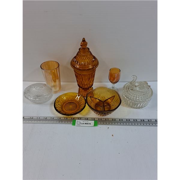 (5) Amber  Glass Dishes, (2) Clear Glass Vanity Jars