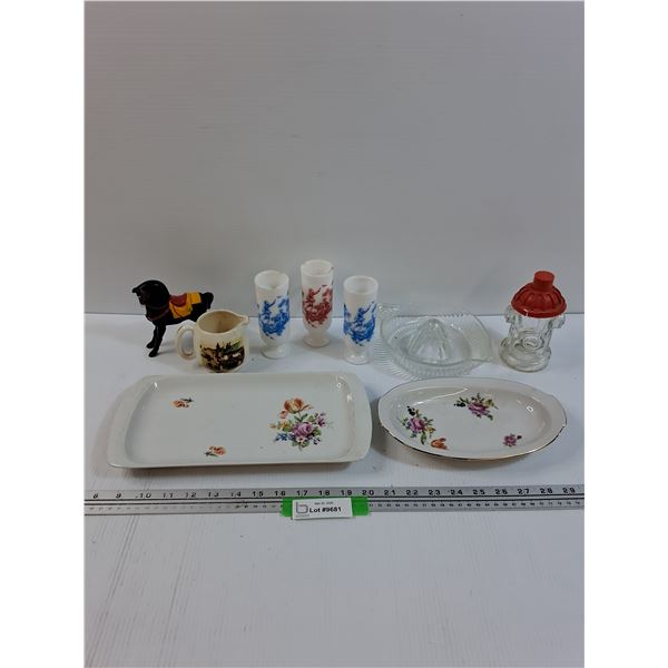 (2) German Democratic Republic Platters, (3) Milk Glass Vases, Clear Glass Juicer, Misc