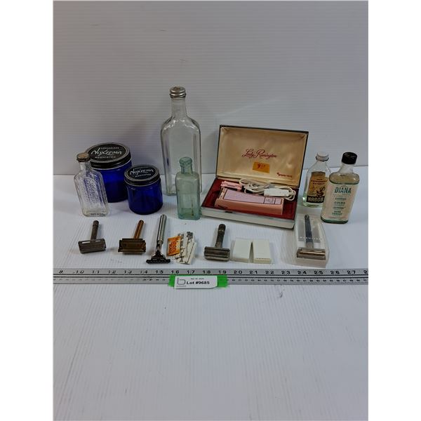 Vintage Razors (Assorted) (2) Noxzema Jars, Watkins Bottle, Misc