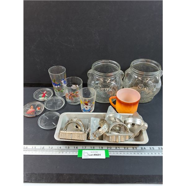 Metal Cookie Cutters, (2) Teddy Bear Glass Jars, Glass Coaster, (3) Handpainted Glasses