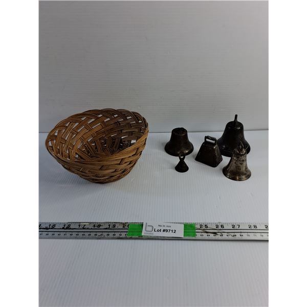 Wicker Bowl and 5 Metal Bells