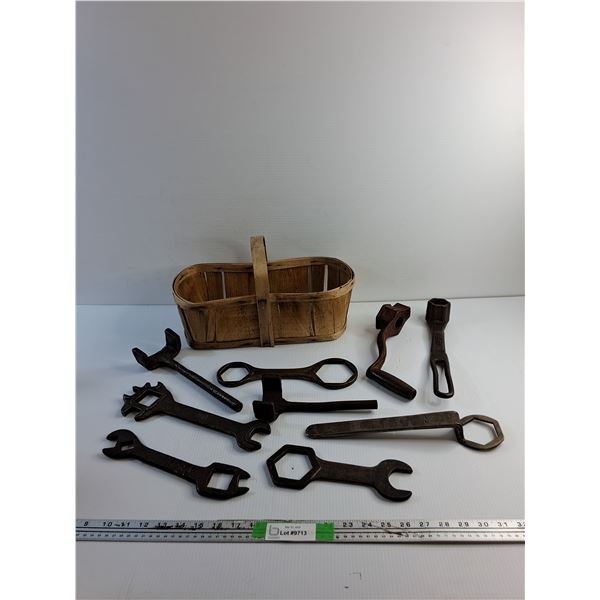 Wooden Basket, Vintage Various Wrenches and Handles