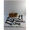 Image 1 : Wooden Basket, Vintage Various Wrenches and Handles