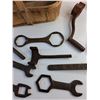 Image 3 : Wooden Basket, Vintage Various Wrenches and Handles