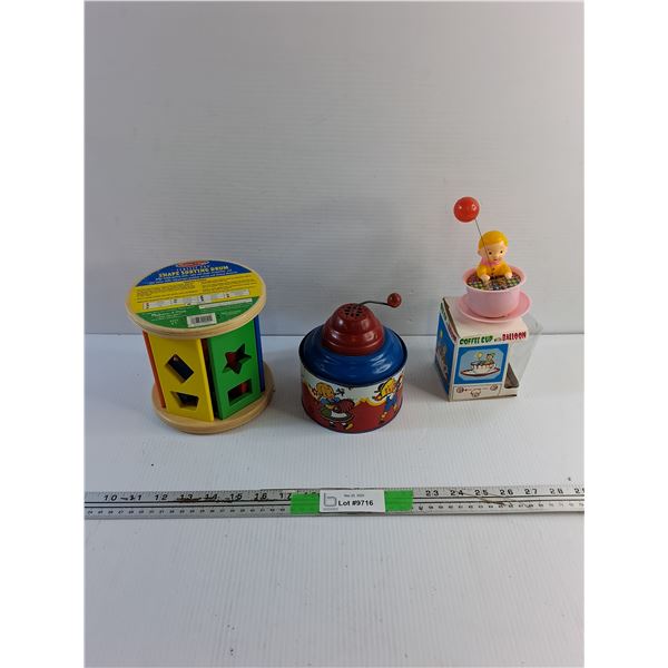 Vintage Shape Sorting Drum, Coffee Cup with Balloon and Musical Tin Box