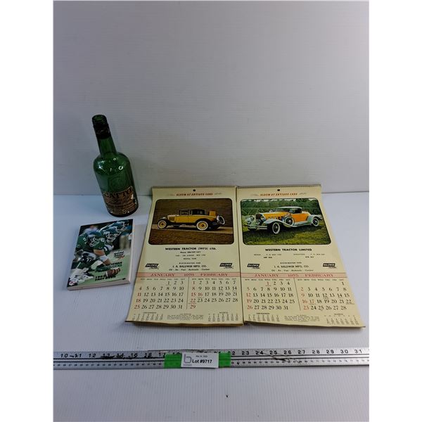 Saskatchewan Roughriders 1994 Fact Book, Catto Scotch Whisky Bottle and (2) Antique Car Calendars