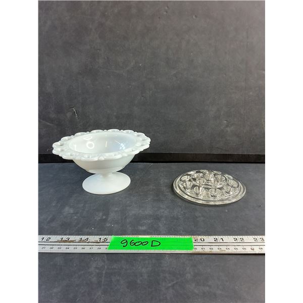 Vintage Achor Hocking Open Lace Edge Milk Glass Dish and Flower Frog