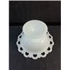 Image 4 : Vintage Achor Hocking Open Lace Edge Milk Glass Dish and Flower Frog