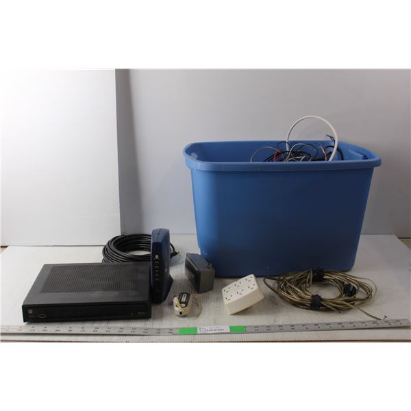 Electronics Lot- Motorola Cable Modem, Cords, Noma Outlet Adapter, Plastic Tote- No Lid, Misc.