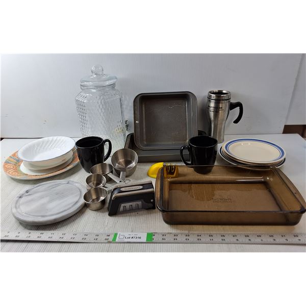 Dishes Lot- Glass Cookie Jar 12.5" Tall, Measuring Cups, Baking Pans, Misc.