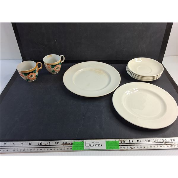 (2) Occupied Japan Porcelain Mugs and 7 pc Medicine Hat Potteries Plates and Coasters