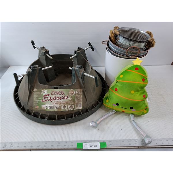 Christmas Tree Stand, Plushie and several metal plant pots