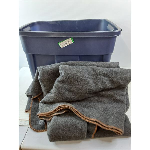 1 Plastic tote with 2 grey Blankets