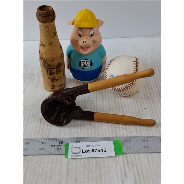 Nesting Pigs, Wooden Bottle, Rawlings Baseball and Jar Opener