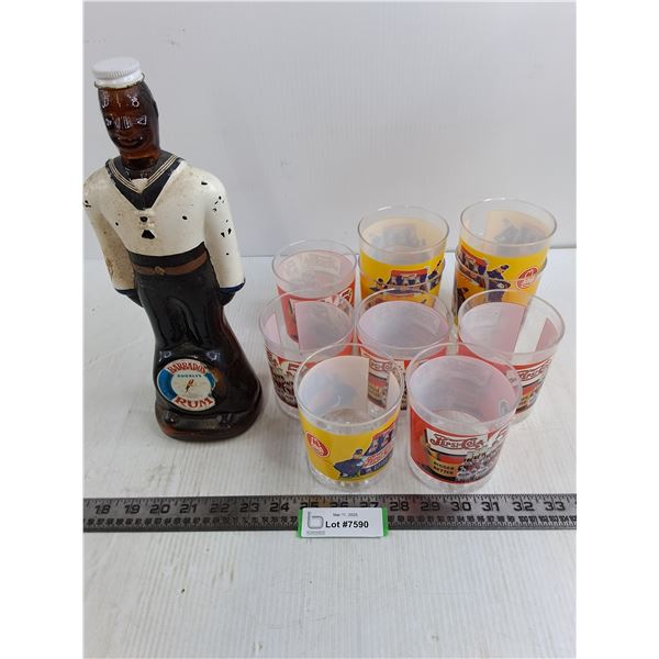 Vintage Doorly's Barbados Rum Glass Bottle - Empty, (10) Plastic Pepsi-Cola/Arby's Glasses