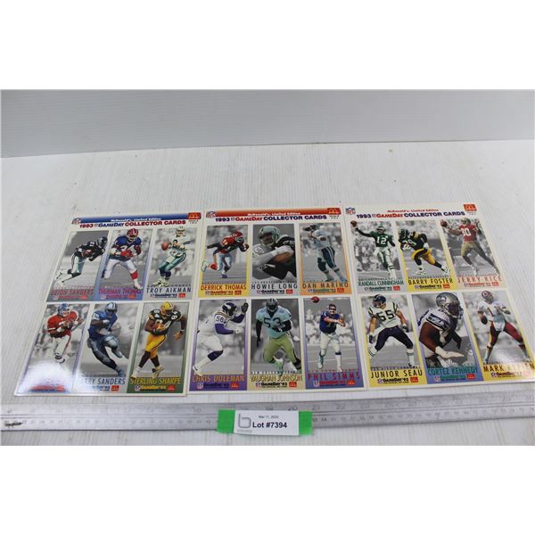 (3) Sheets Of Limited Edition 1993 McDonalds NFL Collector Cards