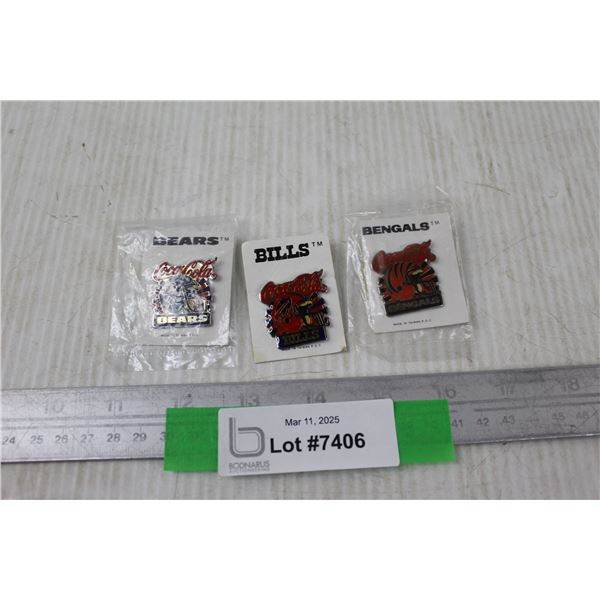 Lot Of (3) NFL Coca- Cola Sponsored Team Pins, Bills, Bears, Misc