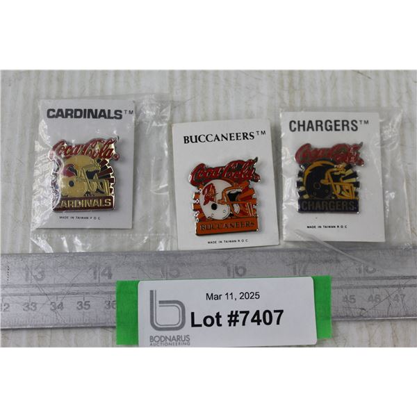 Lot Of (3) NFL Coca- Cola Sponsored Team Pins, Chargers, Misc