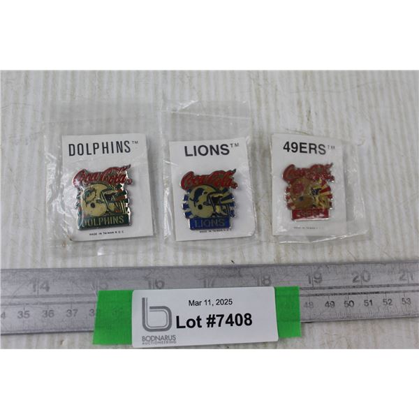 Lot Of (3) NFL Coca- Cola Sponsored Team Pins, Lions, 49ers, Misc
