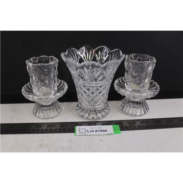 Set of Glass Candleholders (2) & Vase