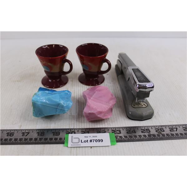 Pair of Ceramic Tea Cups, Glass Rocks Table Decor, Vintage Arrow Stapler