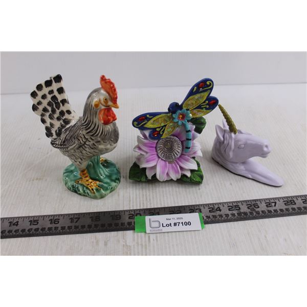 Wall Mount Unicorn Head, Ceramic Chicken Ornament, Dragonfly Motion Light - Needs Battery