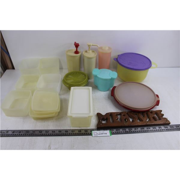 Plastic Food Storage Containers Lot - Mostly Vintage Tupperware, Wood Sign "Measure" Key Ring Holder