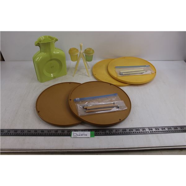 (2) Vintage Kitchen Carousels 10.5" Dia, Vintage Salt & Pepper Tree, Plastic Water Jug