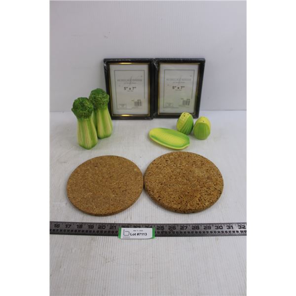(2) Vintage Salt & Pepper Shaker Sets, (2) Cork Hot Plate Sets, (2) 5" x 7' Picture Frames - NIB