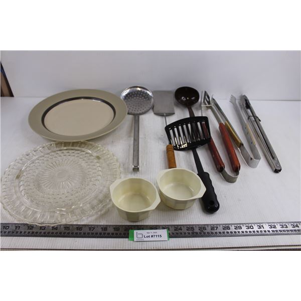 Kitchen Utensils Lot (Vervo Plate, Platter, Tongs, Spatulas, Misc.)