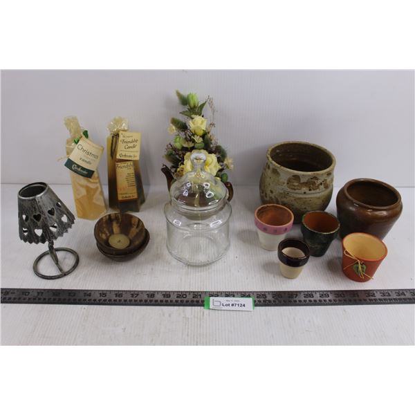 Assorted Candle Holders. Candles & Ceramic Flower Pots
