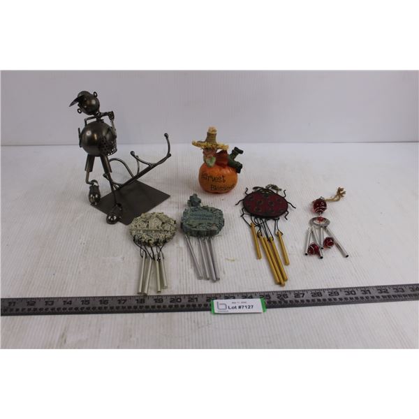 (4) Wind Chimes, Metal Art "Tipsy Golfer" Wine Bottle Caddy, "Harvest Blessings" Table Decor
