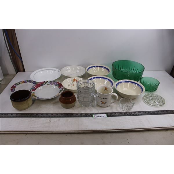 Vintage Dishes Lot (Blue Glass Salad Bowl, Stoneware Bowls, Frogge, Misc.)