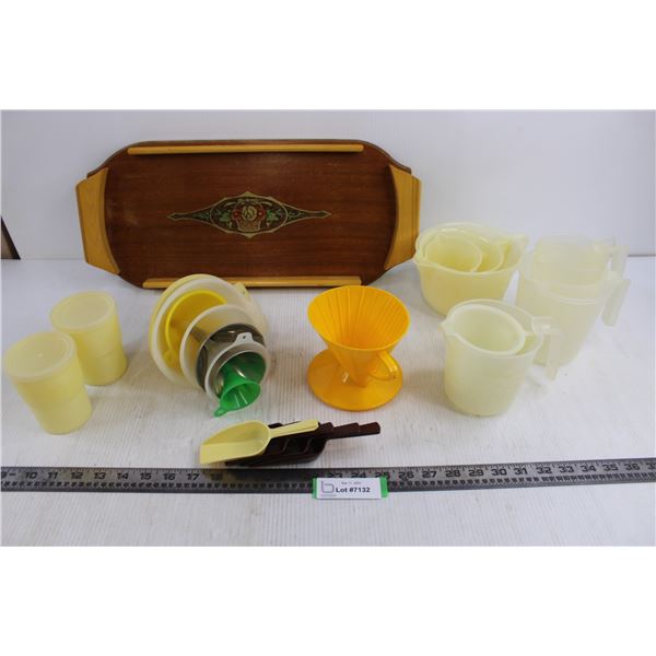 Kitchen Lot (Measure Cups, Funnels, Scoops, Misc.), Wooden Serving Tray 20" x 8.5"