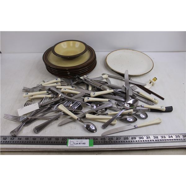 Stoneware Dishes - 1 Chipped, Assorted Vintage Table Cutlery
