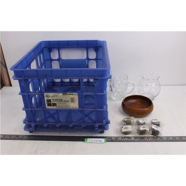 Beer Mug, Wooden Peanut Bowl, Vase, (6) 3/4" Capuchons, Plastic Crate 17" x 14" x 11"