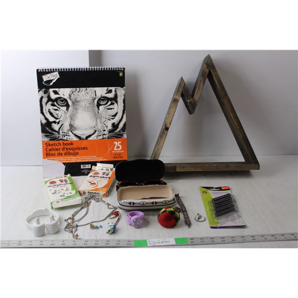 Charcoal Sticks, (2) Sunglasses with Cases, Wood Key Holder 17" Tall, Misc.