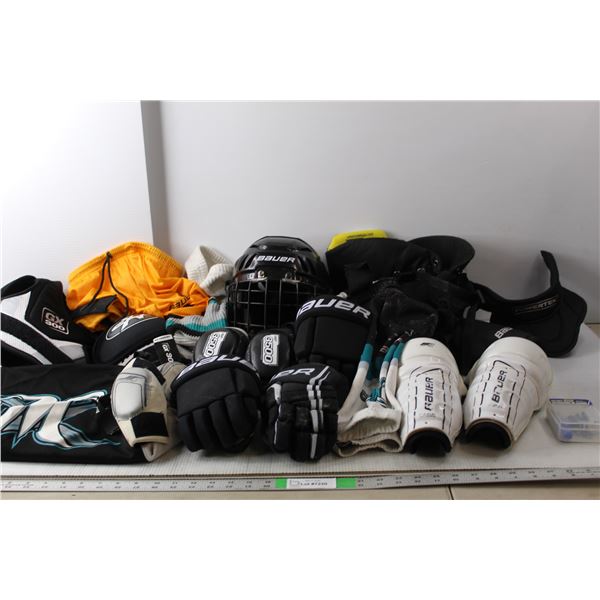 Kids' Hockey Equipment Lot- Bauer M10 Helmet 48-52 Cm, Pants, Pads, Jersey, Misc.