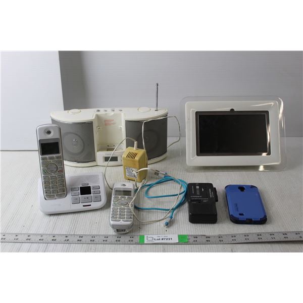 Emerson Research Radio/Charger- Powers On, Coby Digital Photo Frame- As Is, Motorola Home Phone, Mis