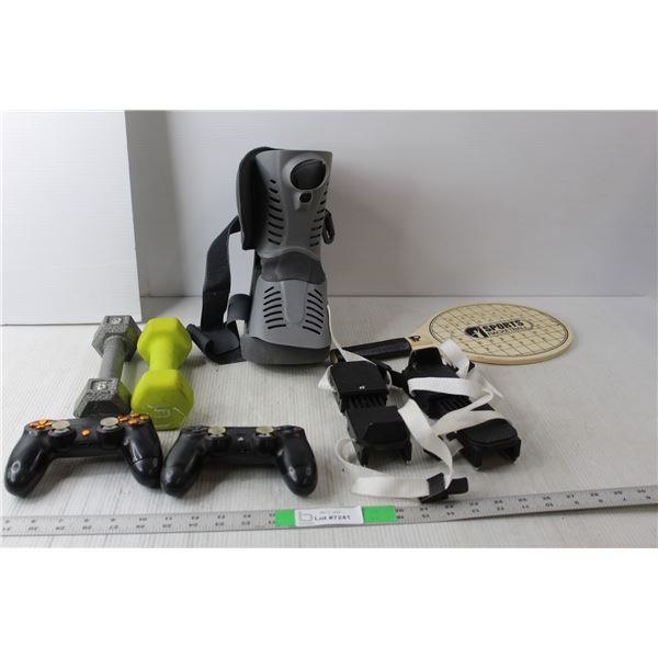 (2) 5 Lb. Weights, Ossur Orthopedic Boot, Racketball Racket, Misc.