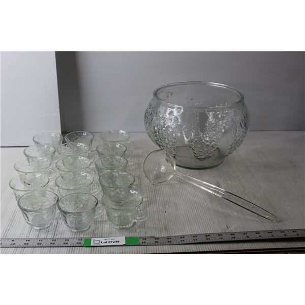 Glass Punch Bowl, (15) Cups & Plastic Ladle