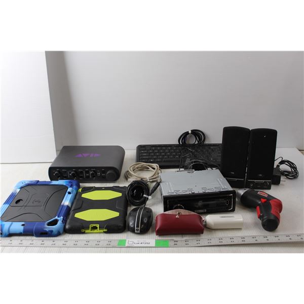 Electronics Lot- MBox Studio, JVC Car Stereo, (2) Tablet Cases, Misc.
