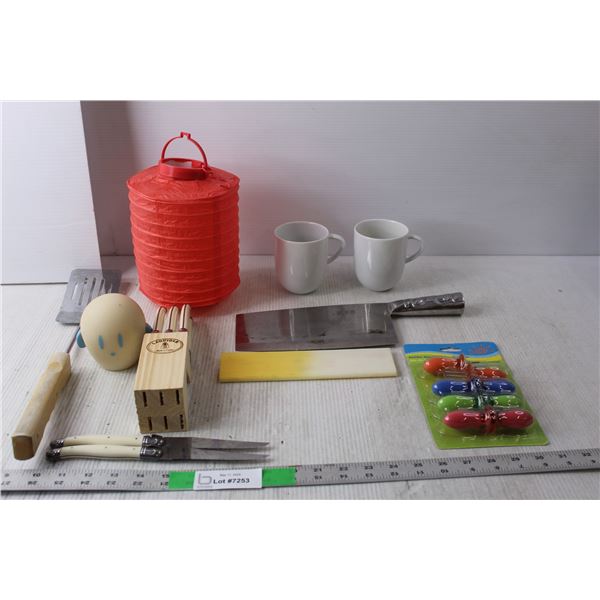 Meat Cleaver 12.5" Long, (6) Laguiole Steak Knives with Stand, (2) Ceramic Mugs, Misc.