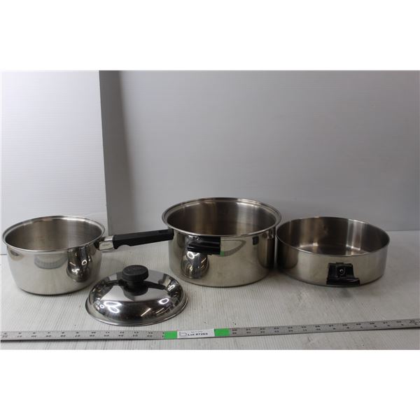(3) Stainless Steel Pots Up to 10.5" Wide/5" Tall, One Lid