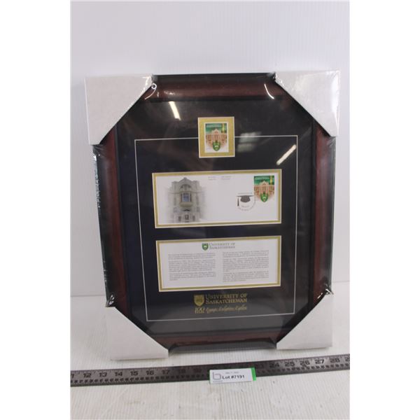 Wooden Framed University of Saskatchewan Commemorative Postage Stamp 14.75" x 17.75" - Sealed