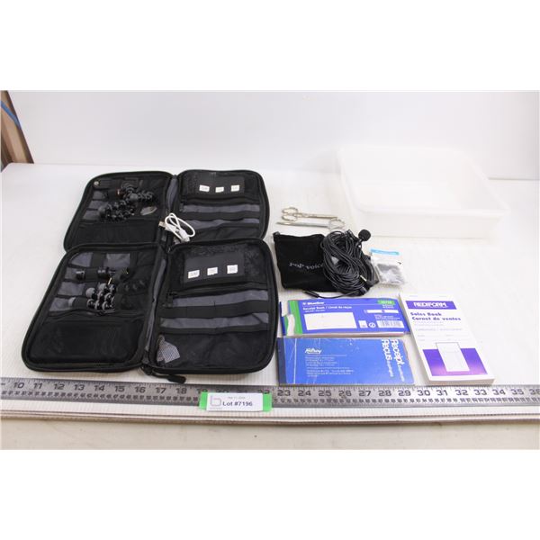 (2) Bagsmart Tote for Electronics with Contents, Pop Voice Mics, Receipt Books , Scissors, Tray