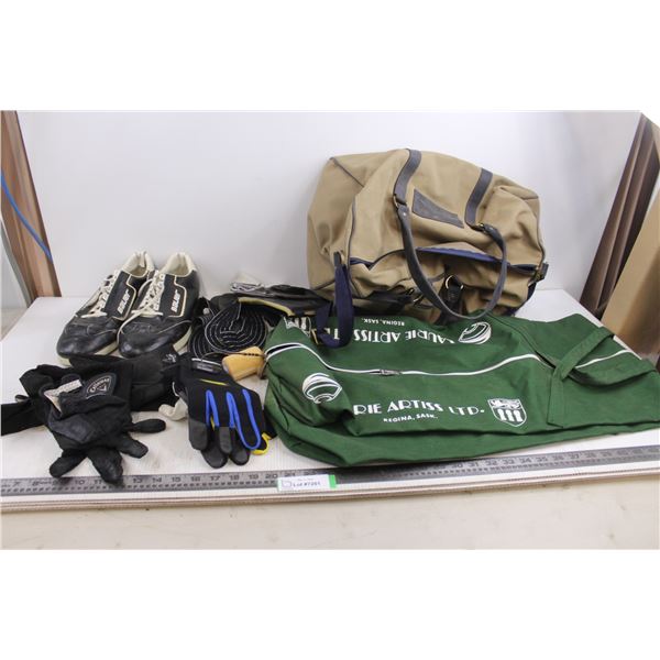 Curler's Lot (Shoes - Sole Size 12" Approx, Sliders, Knee Pads, Gloves, Nylon Tote Bags)