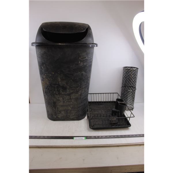 KIS Plastic Garbage Can with Lid 29" x 16" x 13", As is, Dish Rack with Drying Pad, Plastic Bag Hold