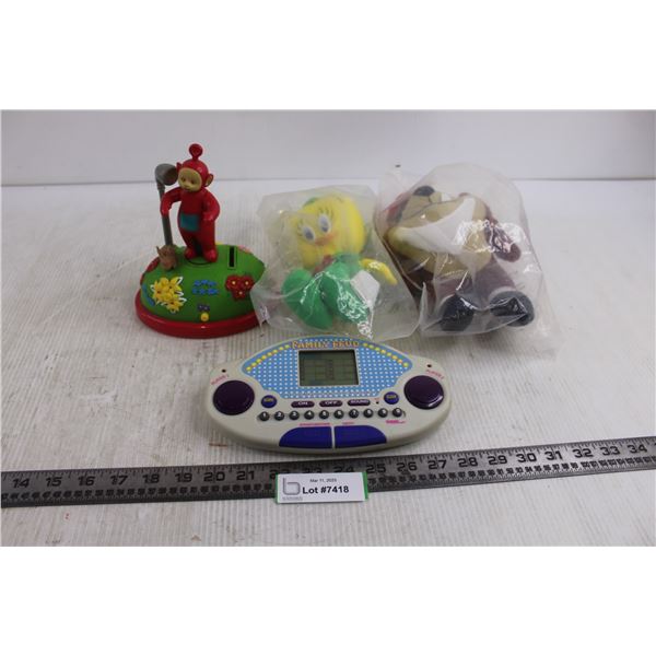 Family Feud Handheld Digital Game - Tested, Teletubbies Coin Bank - Needs Batteries, Plush Toys - Se