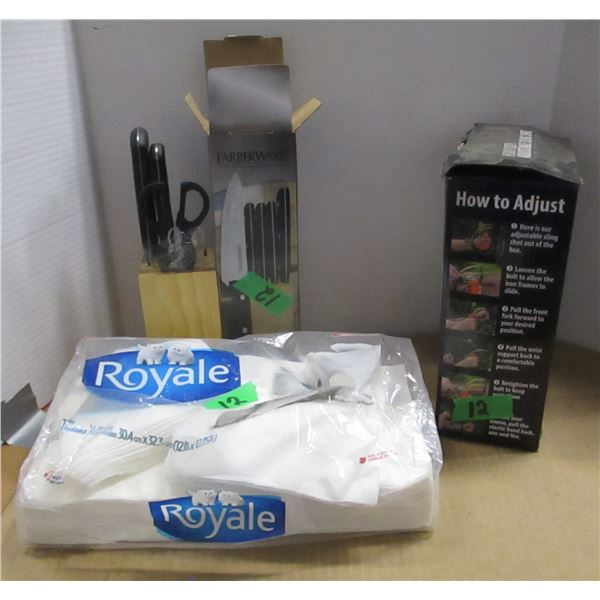 FREIGHT DAMAGE/STORE RETURN (AS IS):  BOX C/W NAPKINS, KNIVES, SLING SHOT, ETC